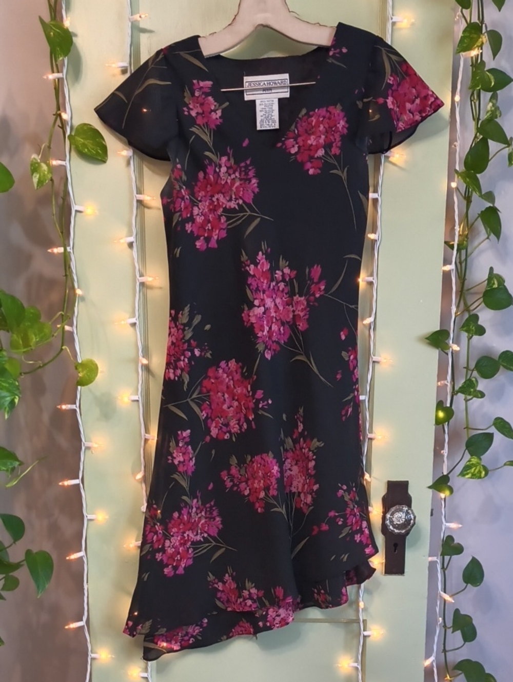 Women's Jessica Howard Black Pink Floral Cap Sleeve Asymmetrical Dress 6P